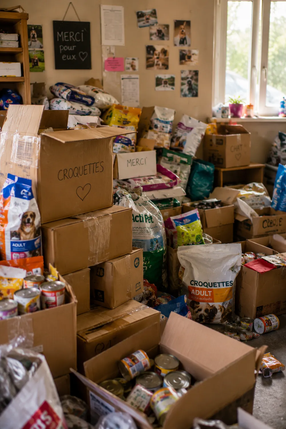 Réserve d'un refuge remplie de dons triés (sacs de croquettes, cartons et boîtes), avec une ardoise « Merci pour eux » au mur.